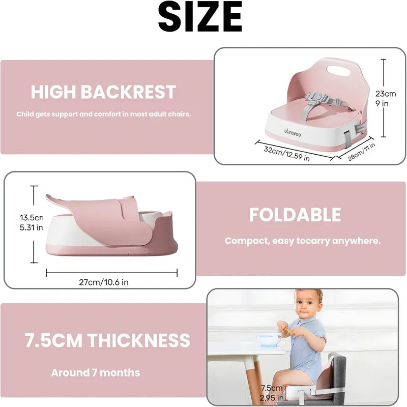 Portable Children's Booster Seat for Dining - Travel High Chair with 3-Point Harness & 2 Adjustable Straps, Washable Design