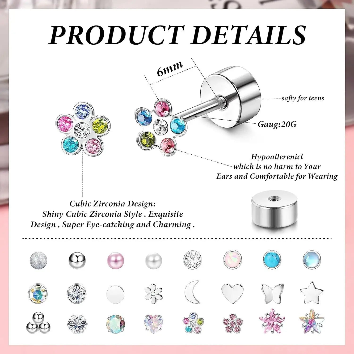 24Pairs Surgical Steel Screw Back Earrings Stud for Women Cartilage Stud Opal CZ Flat  Earrings Set Piercing Jewelry 20G