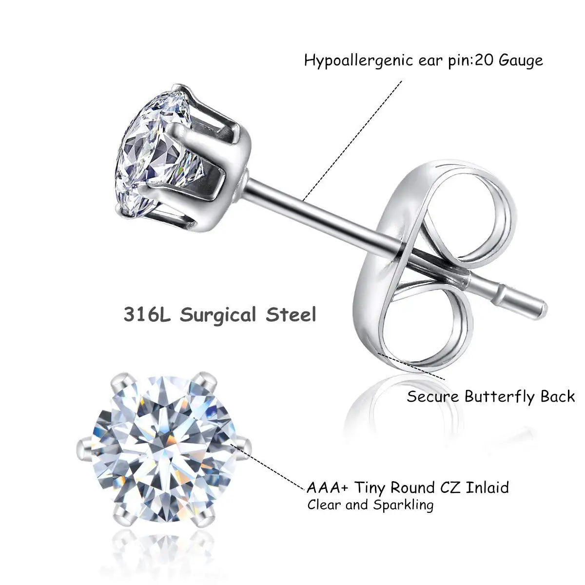 6-10 Pairs Surgical Stainless Steel Tiny Round Clear Cubic Zirconia Stud Earrings Set 2mm 3mm 4mm for Women Men