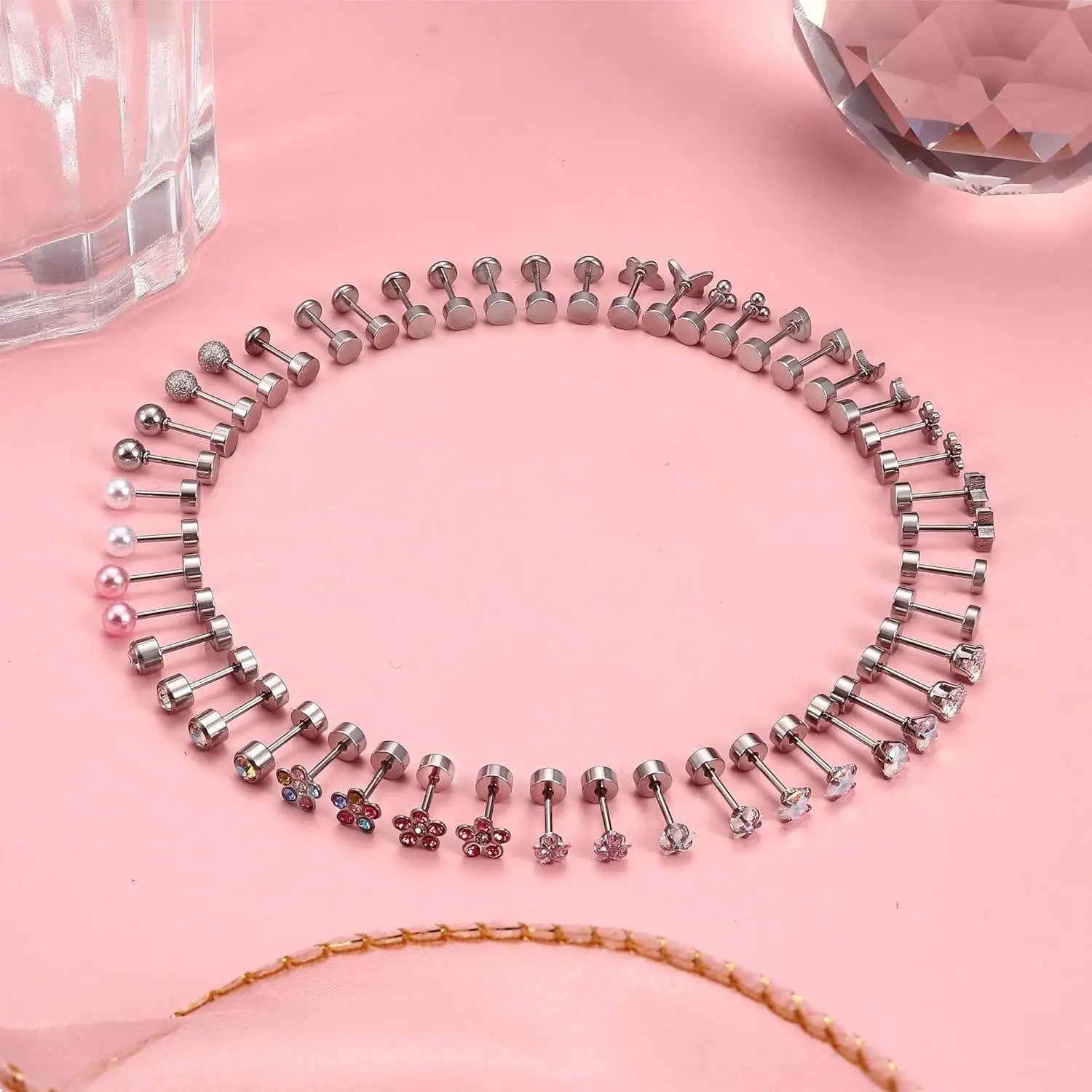 24Pairs Surgical Steel Screw Back Earrings Stud for Women Cartilage Stud Opal CZ Flat  Earrings Set Piercing Jewelry 20G