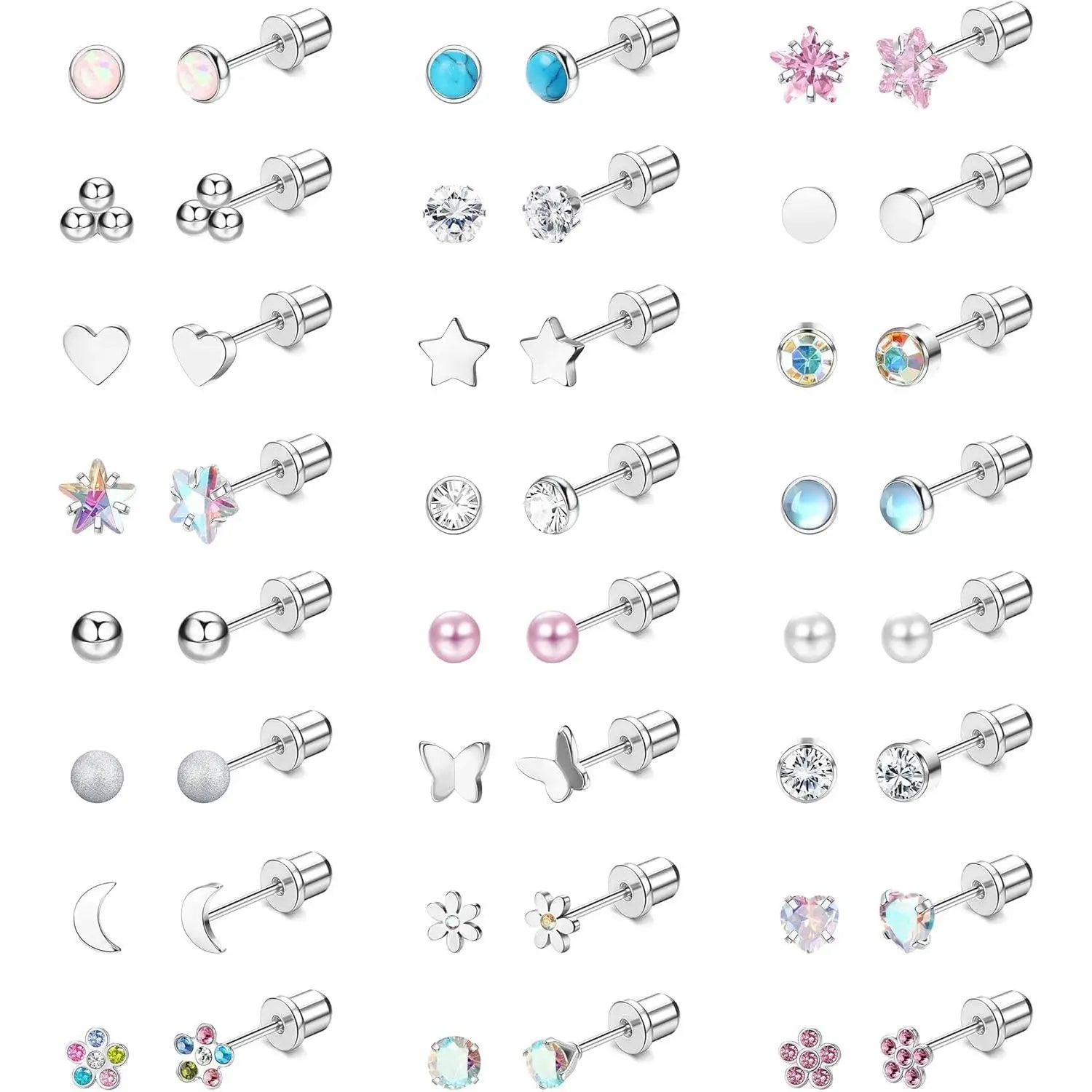 24Pairs Surgical Steel Screw Back Earrings Stud for Women Cartilage Stud Opal CZ Flat  Earrings Set Piercing Jewelry 20G