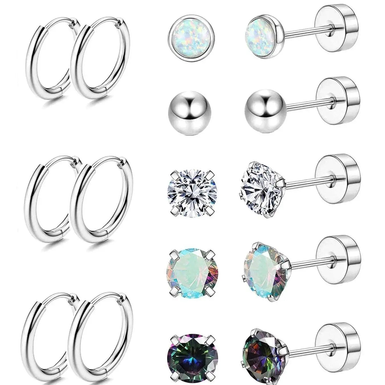 8 Pairs Surgical Steel Earrings for Women Men Hypoallergenic 20G Stud Hoop Earrings Opal Ball CZ Flat Back Cartilage Earrings