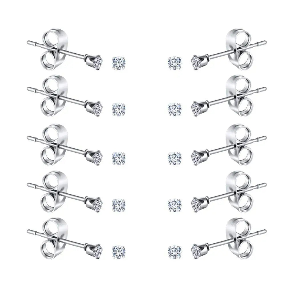 6-10 Pairs Surgical Stainless Steel Tiny Round Clear Cubic Zirconia Stud Earrings Set 2mm 3mm 4mm for Women Men