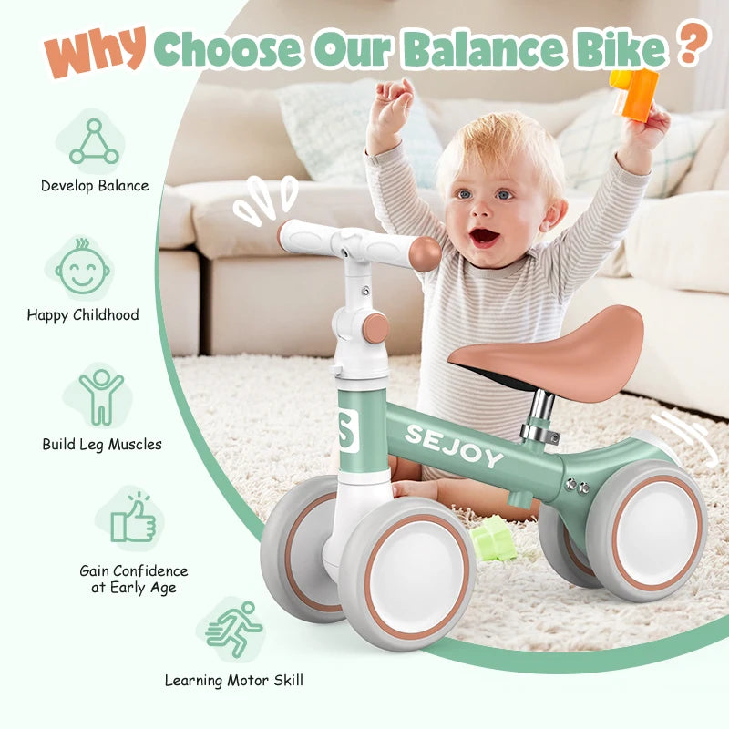Sejoy Baby Balance Bike, Toddler Baby Bicycle with 4 Wheels for 10-36 Months, Adjustable Handlebar Baby Outdoor Bike Riding Toy