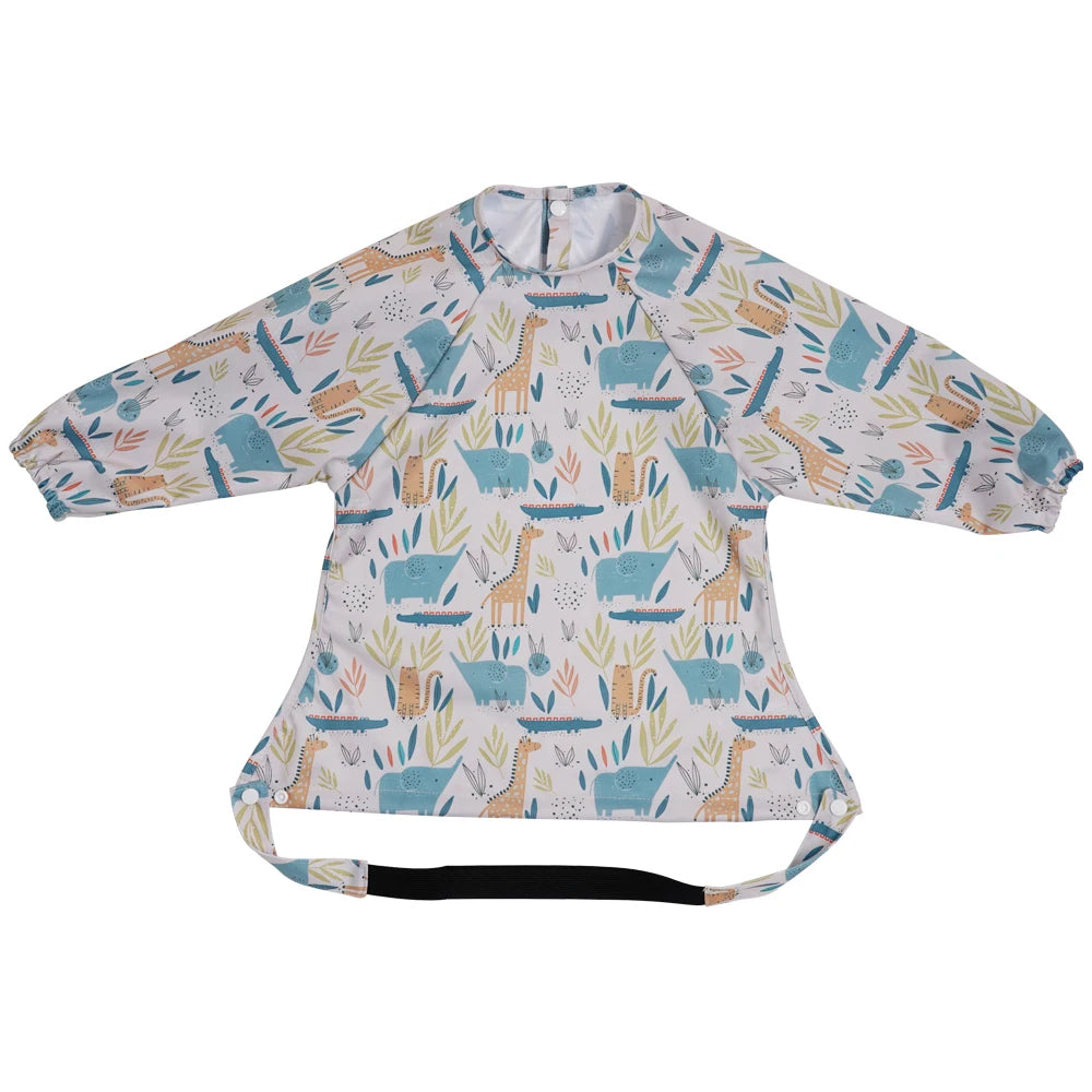 HappyFlute New One Piece Table Use Polyester Waterproof New Printed Snap Buttons Design Long Sleeve Mess Proof Baby Feeding Bibs