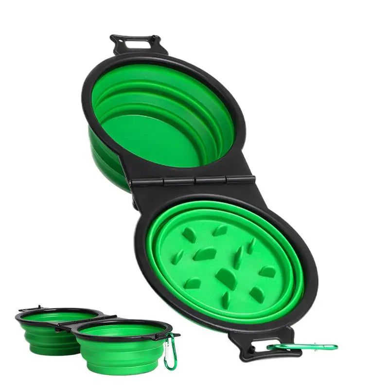 Foldable Double Dog Bowl Travel Water Food Bowl for Dogs Slow Pet Food Water Feeder with Lock Clips for Walking Hiking Camping