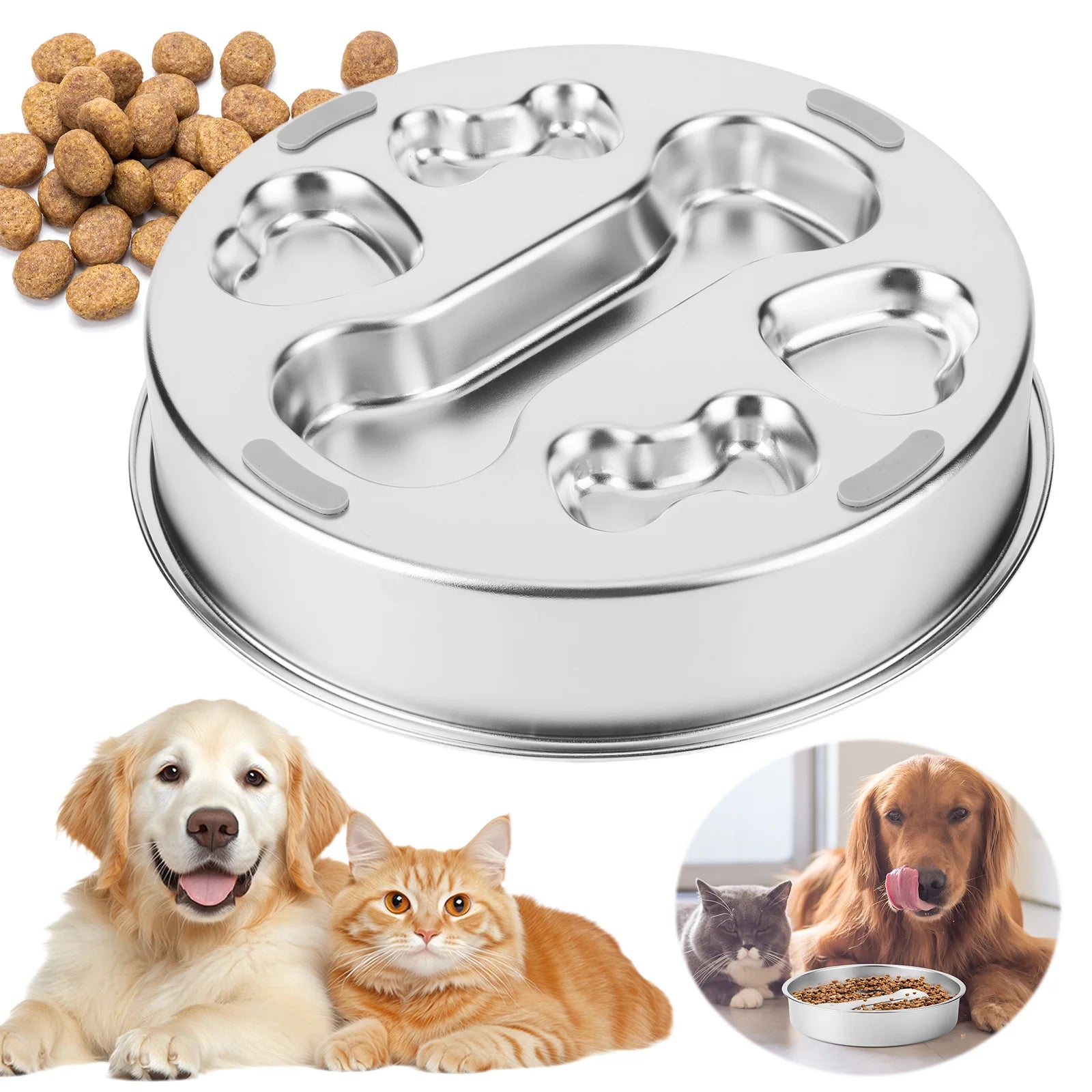 304 Stainless Steel Slow Feeder Dog Bowls with Non-Slip Mat Dog Wat Anti-Choking Pet Food Bowls for Small & Medium Dogs