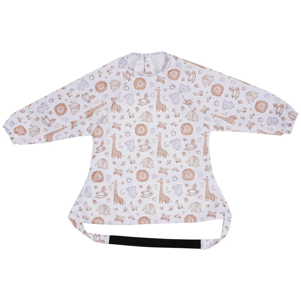 HappyFlute New One Piece Table Use Polyester Waterproof New Printed Snap Buttons Design Long Sleeve Mess Proof Baby Feeding Bibs