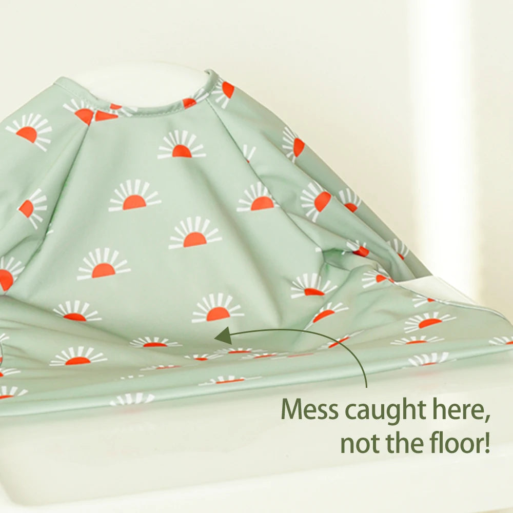 HappyFlute New One Piece Table Use Polyester Waterproof New Printed Snap Buttons Design Long Sleeve Mess Proof Baby Feeding Bibs