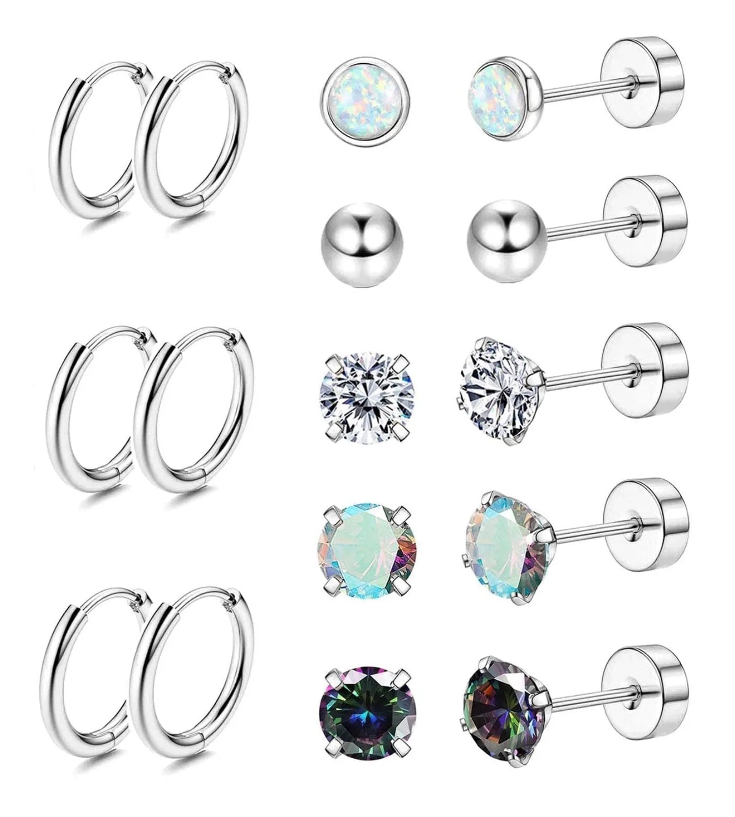 8 Pairs Surgical Steel Earrings for Women Men Hypoallergenic 20G Stud Hoop Earrings Opal Ball CZ Flat Back Cartilage Earrings