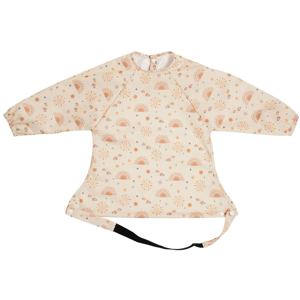 HappyFlute New One Piece Table Use Polyester Waterproof New Printed Snap Buttons Design Long Sleeve Mess Proof Baby Feeding Bibs