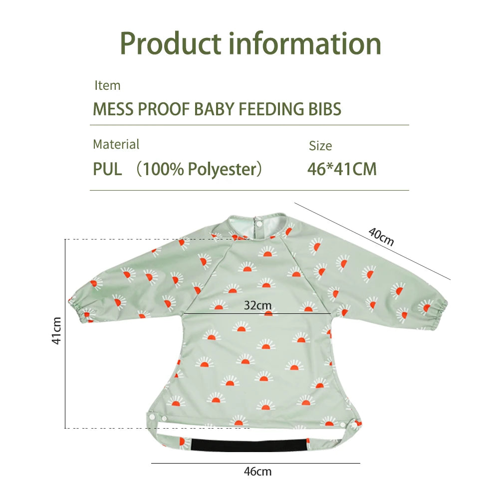 HappyFlute New One Piece Table Use Polyester Waterproof New Printed Snap Buttons Design Long Sleeve Mess Proof Baby Feeding Bibs