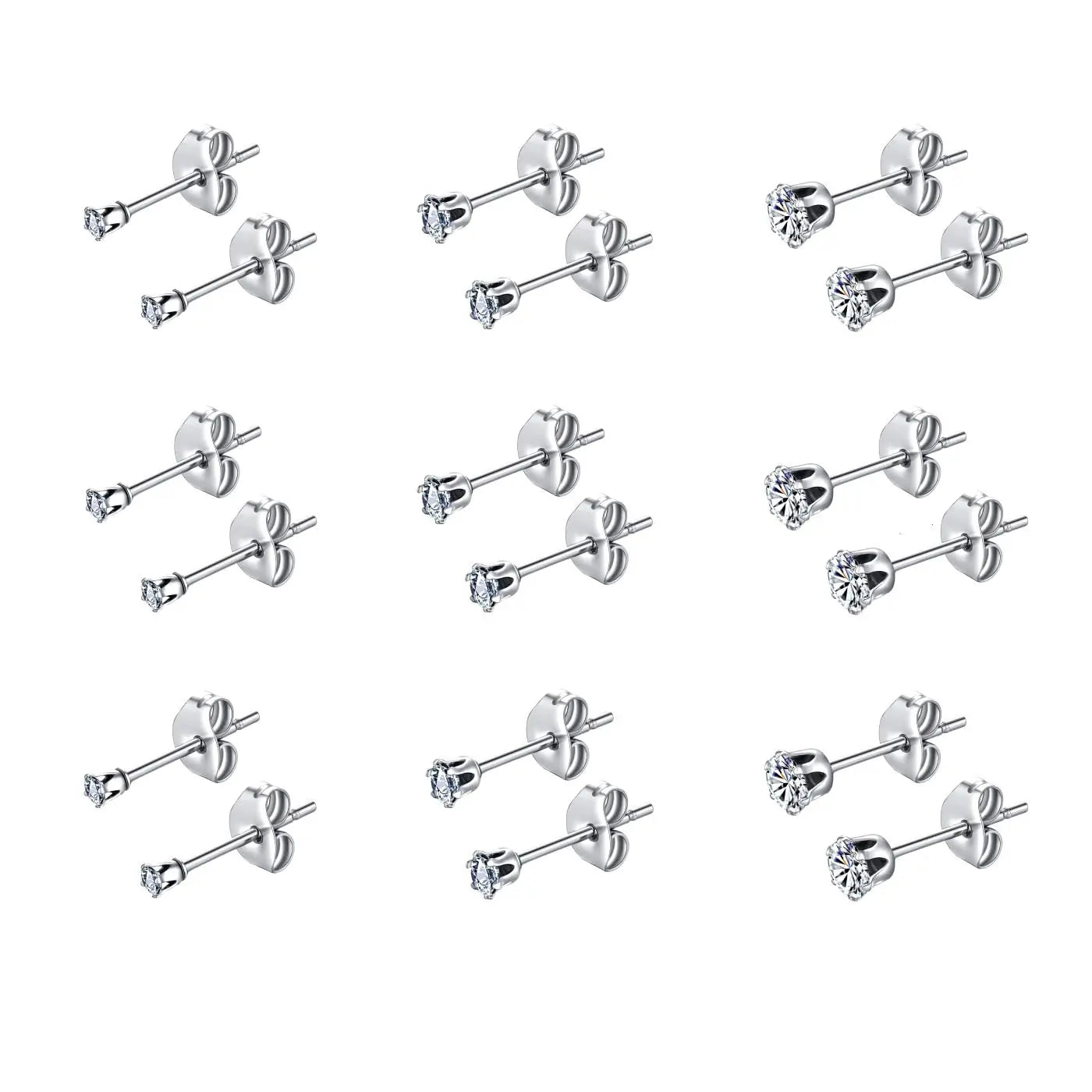 6-10 Pairs Surgical Stainless Steel Tiny Round Clear Cubic Zirconia Stud Earrings Set 2mm 3mm 4mm for Women Men