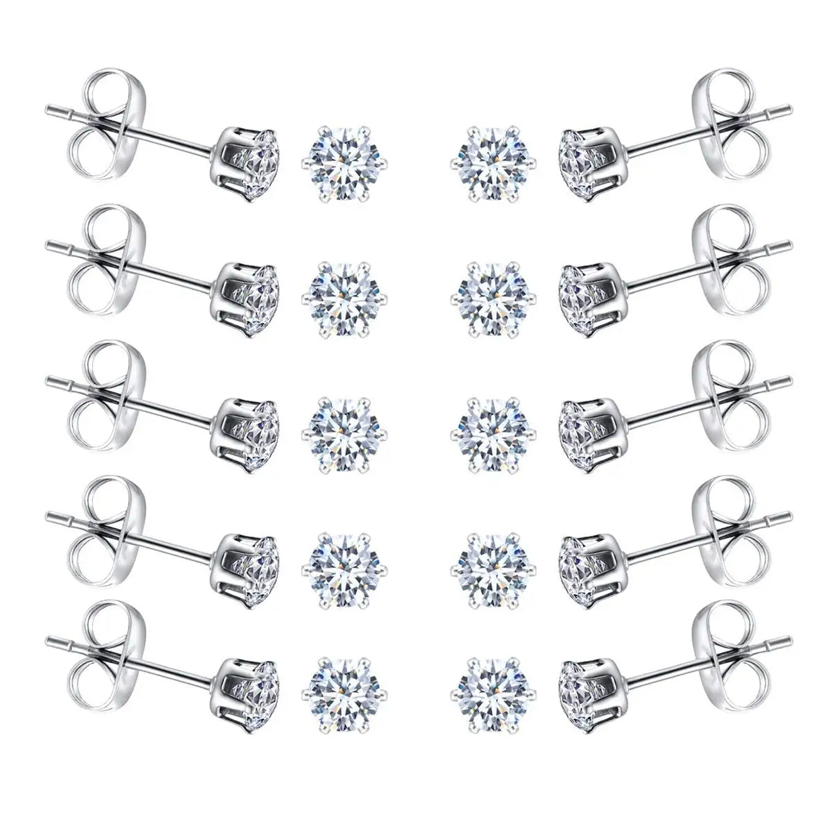 6-10 Pairs Surgical Stainless Steel Tiny Round Clear Cubic Zirconia Stud Earrings Set 2mm 3mm 4mm for Women Men