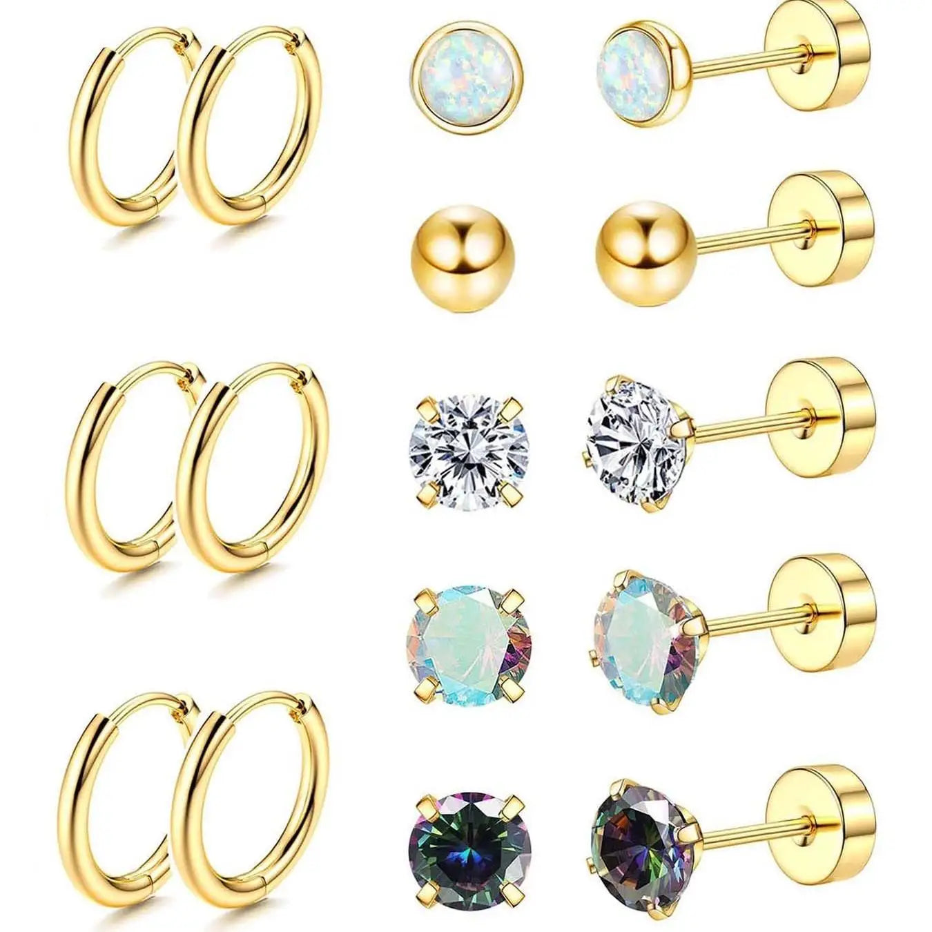 8 Pairs Surgical Steel Earrings for Women Men Hypoallergenic 20G Stud Hoop Earrings Opal Ball CZ Flat Back Cartilage Earrings