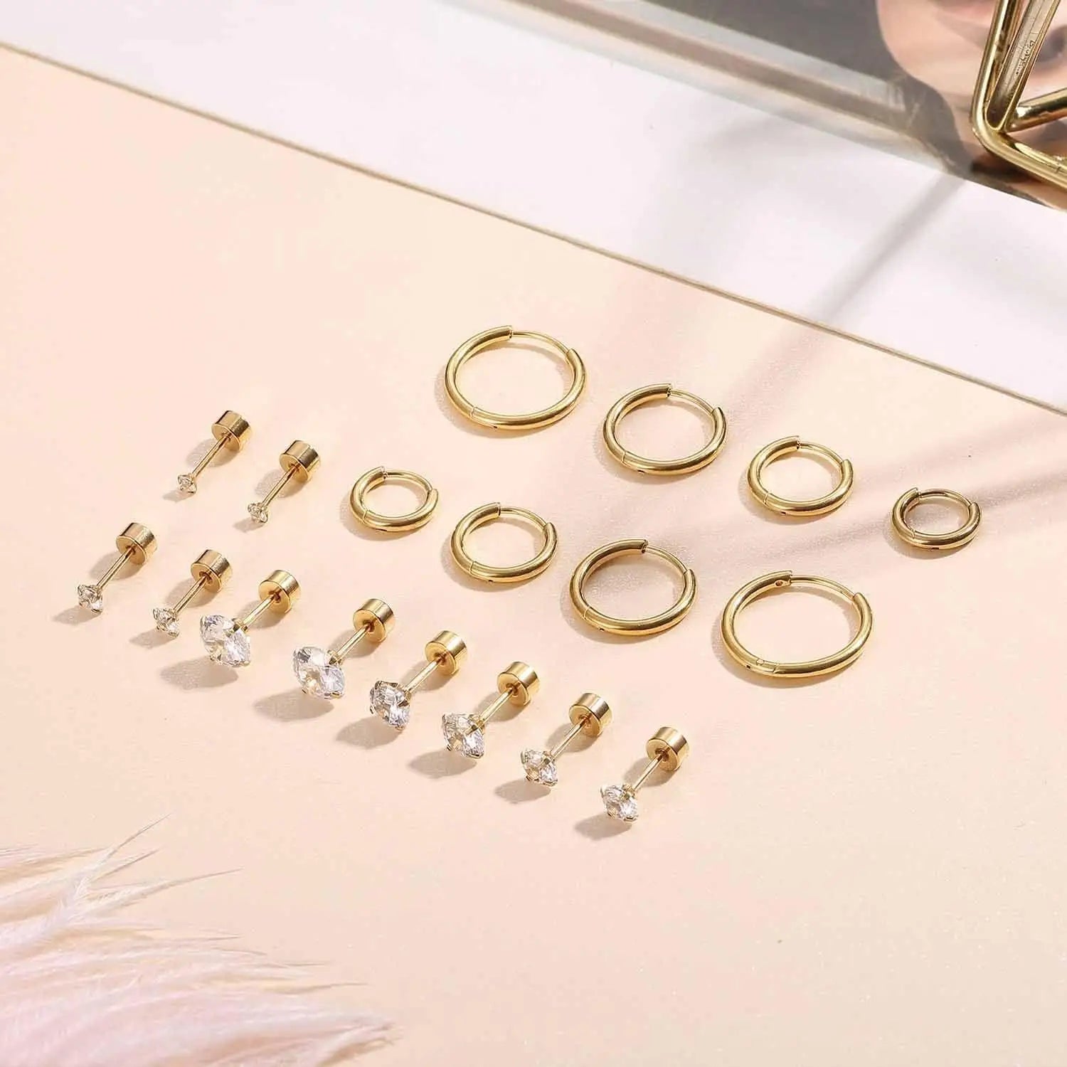 9 Pairs 14K Gold Plated Studs Hoop Earrings for Women Men Flat Back CZ Helix Cartilage Earrings for Multiple Piercing