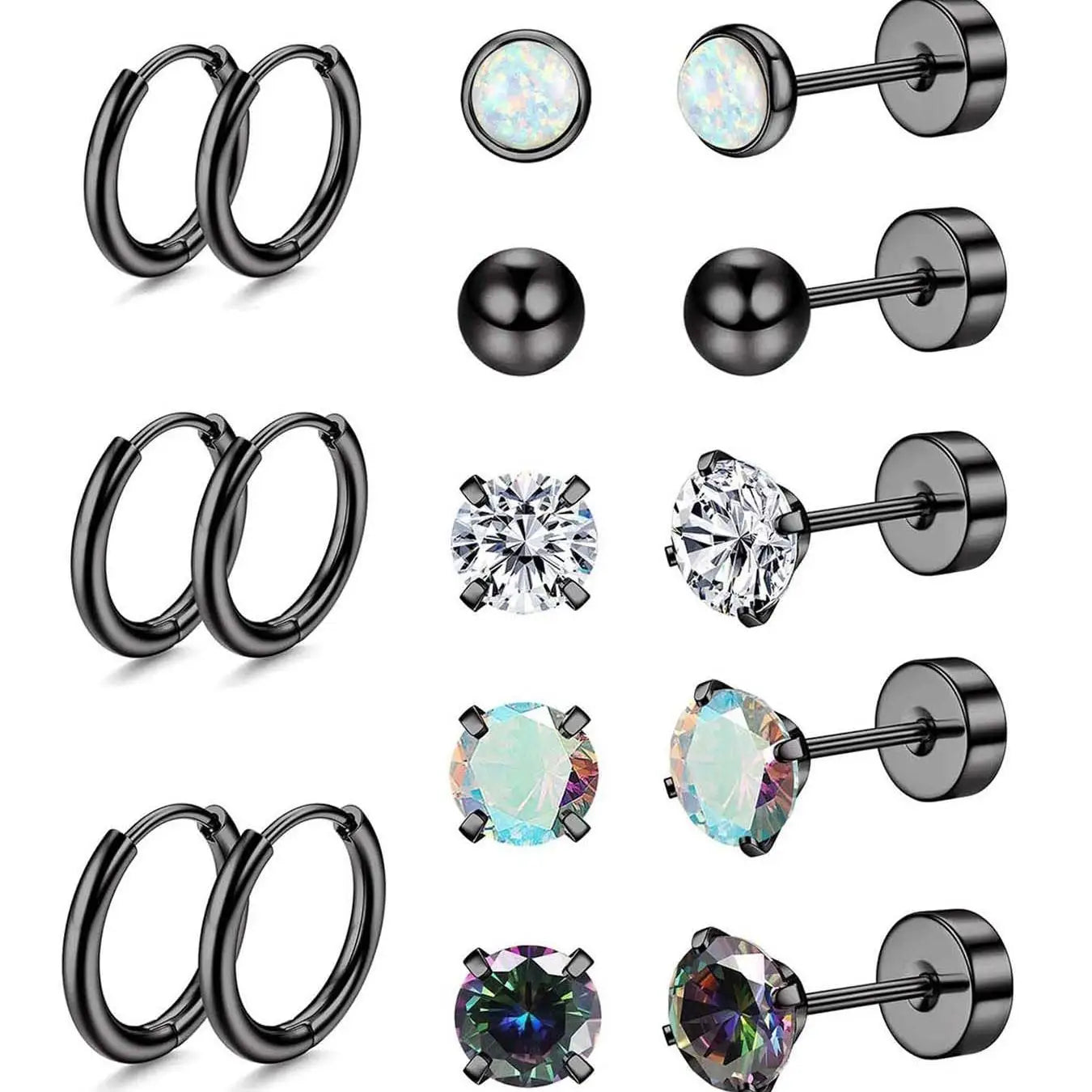 8 Pairs Surgical Steel Earrings for Women Men Hypoallergenic 20G Stud Hoop Earrings Opal Ball CZ Flat Back Cartilage Earrings