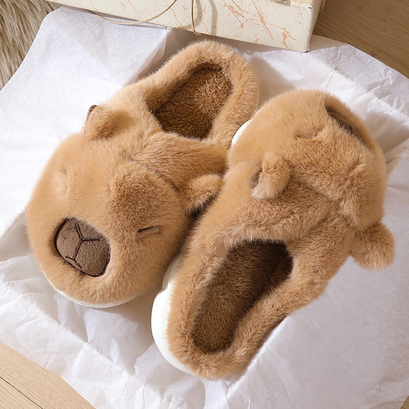 Capybara Flat Thermal Slippers Anti Slip Warm Slip-On House Shoes Half-Covered Soft Plush Slippers for Winter Autumn