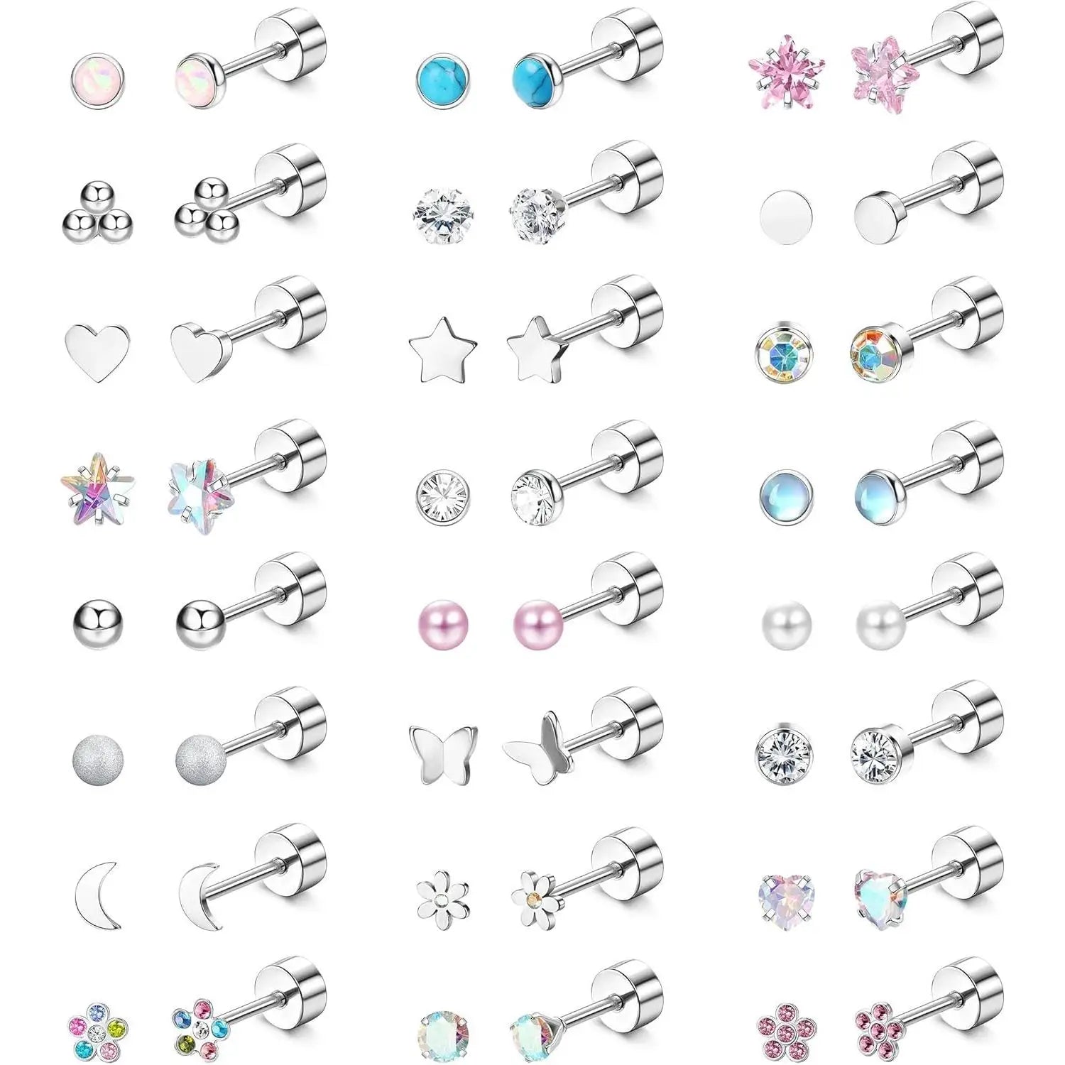 24Pairs Surgical Steel Screw Back Earrings Stud for Women Cartilage Stud Opal CZ Flat  Earrings Set Piercing Jewelry 20G