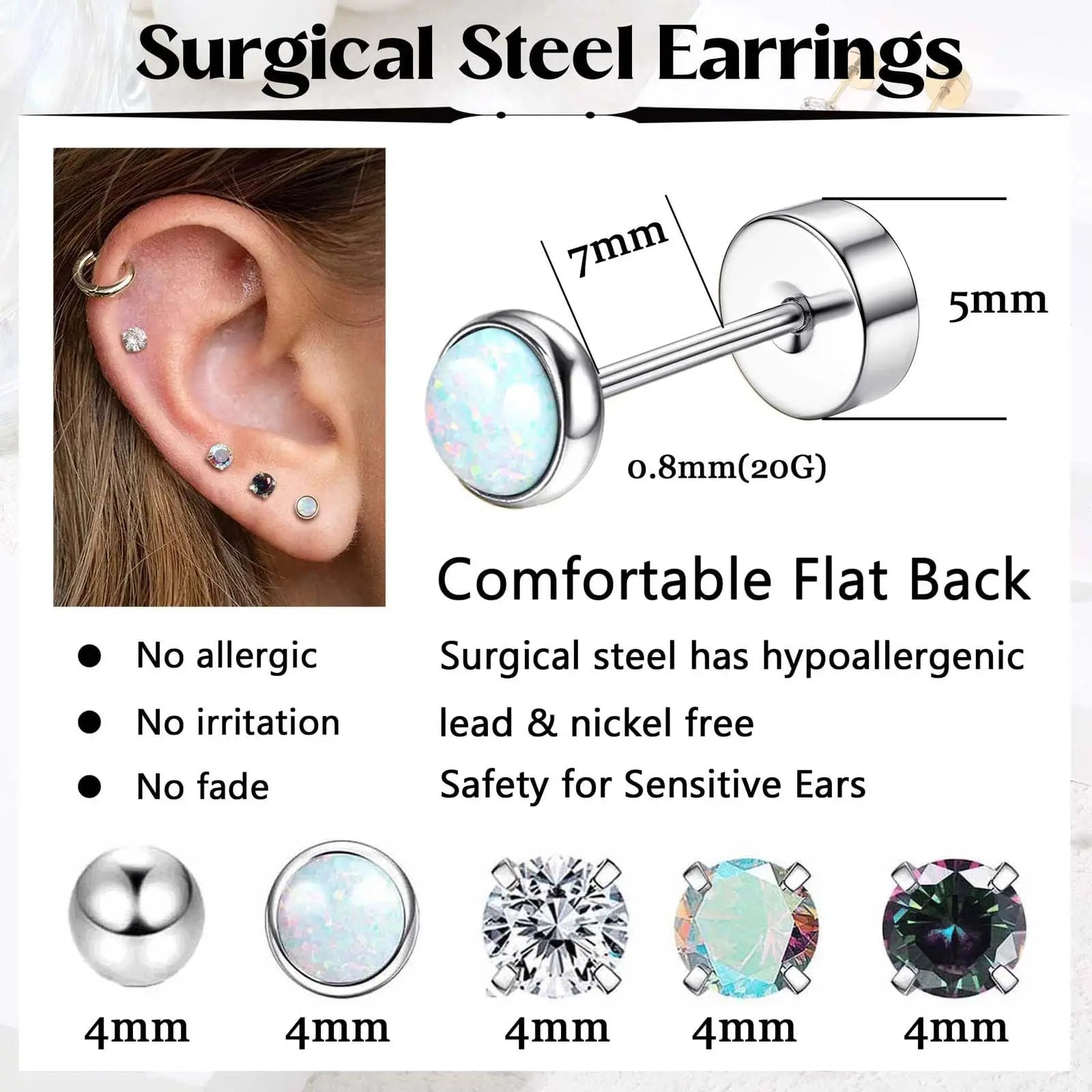 8 Pairs Surgical Steel Earrings for Women Men Hypoallergenic 20G Stud Hoop Earrings Opal Ball CZ Flat Back Cartilage Earrings