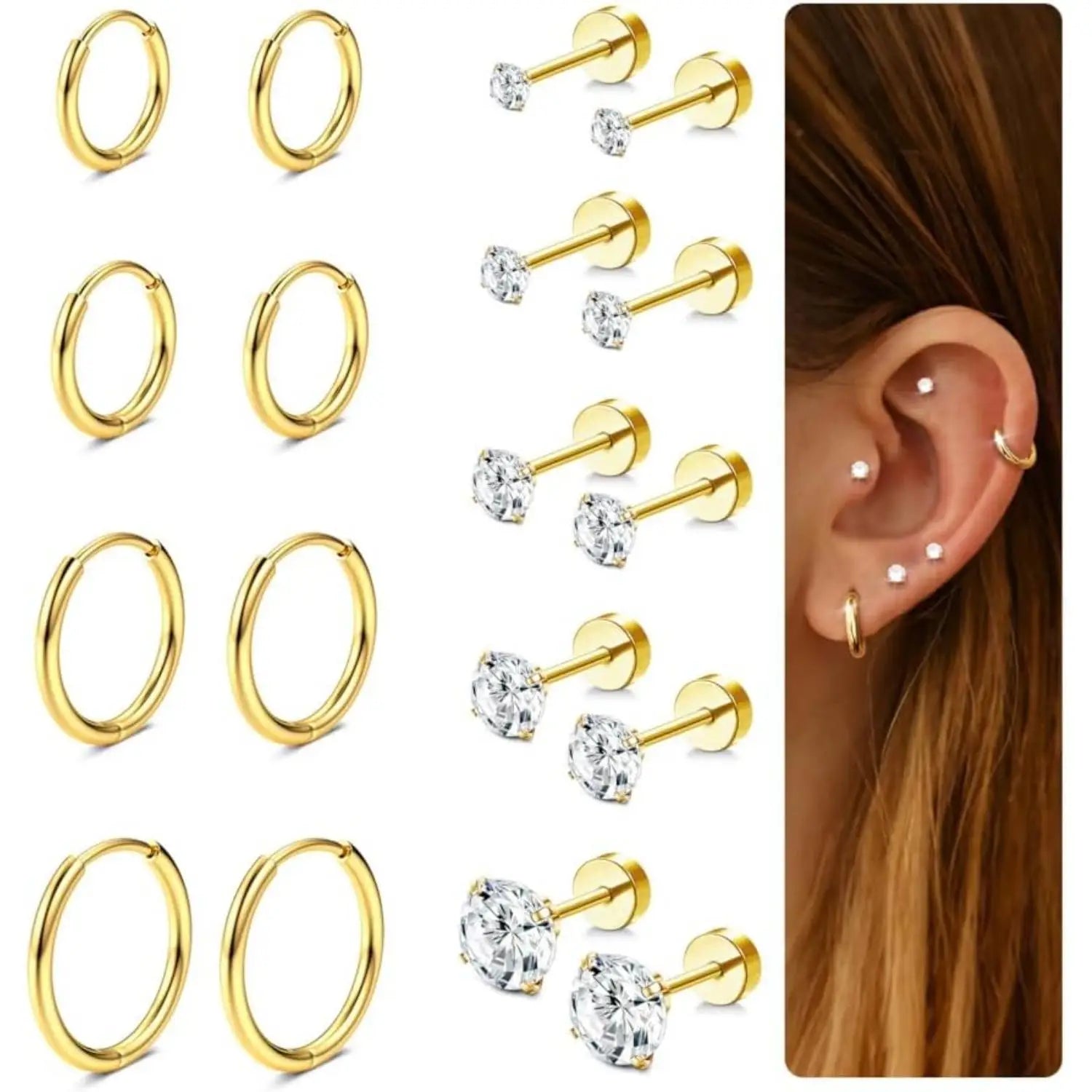 9 Pairs 14K Gold Plated Studs Hoop Earrings for Women Men Flat Back CZ Helix Cartilage Earrings for Multiple Piercing