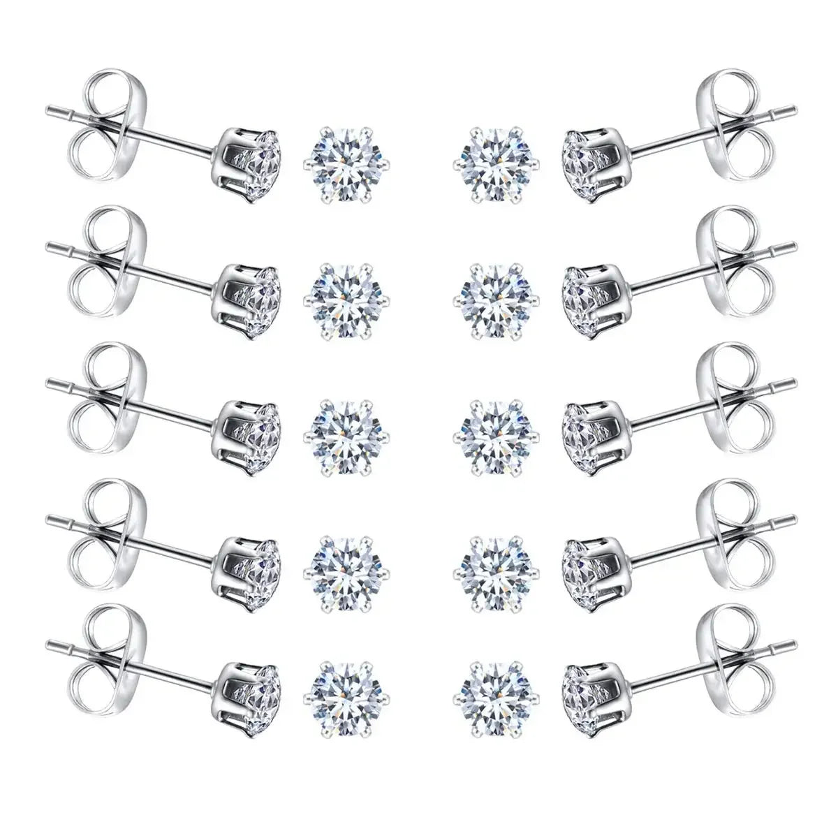 6-10 Pairs Surgical Stainless Steel Tiny Round Clear Cubic Zirconia Stud Earrings Set 2mm 3mm 4mm for Women Men