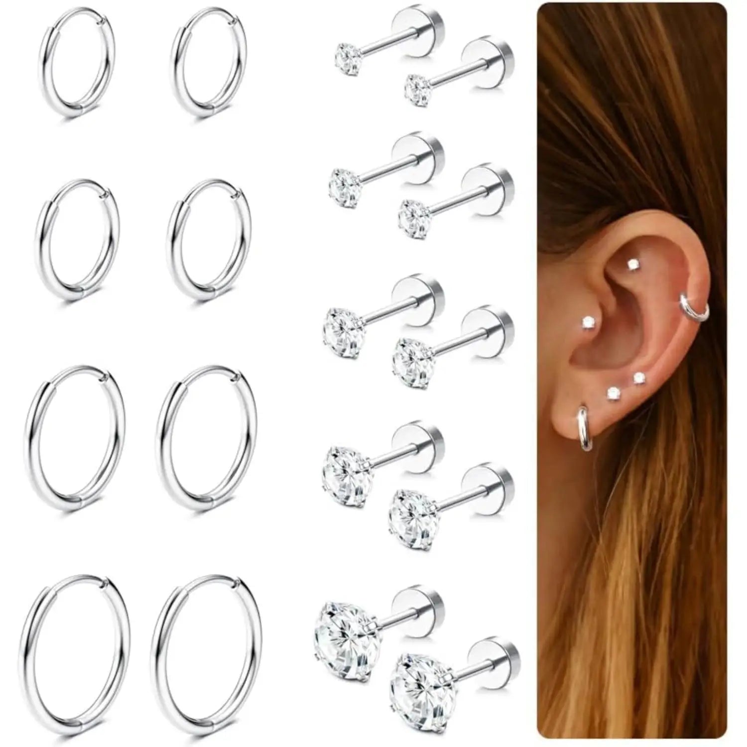 9 Pairs 14K Gold Plated Studs Hoop Earrings for Women Men Flat Back CZ Helix Cartilage Earrings for Multiple Piercing