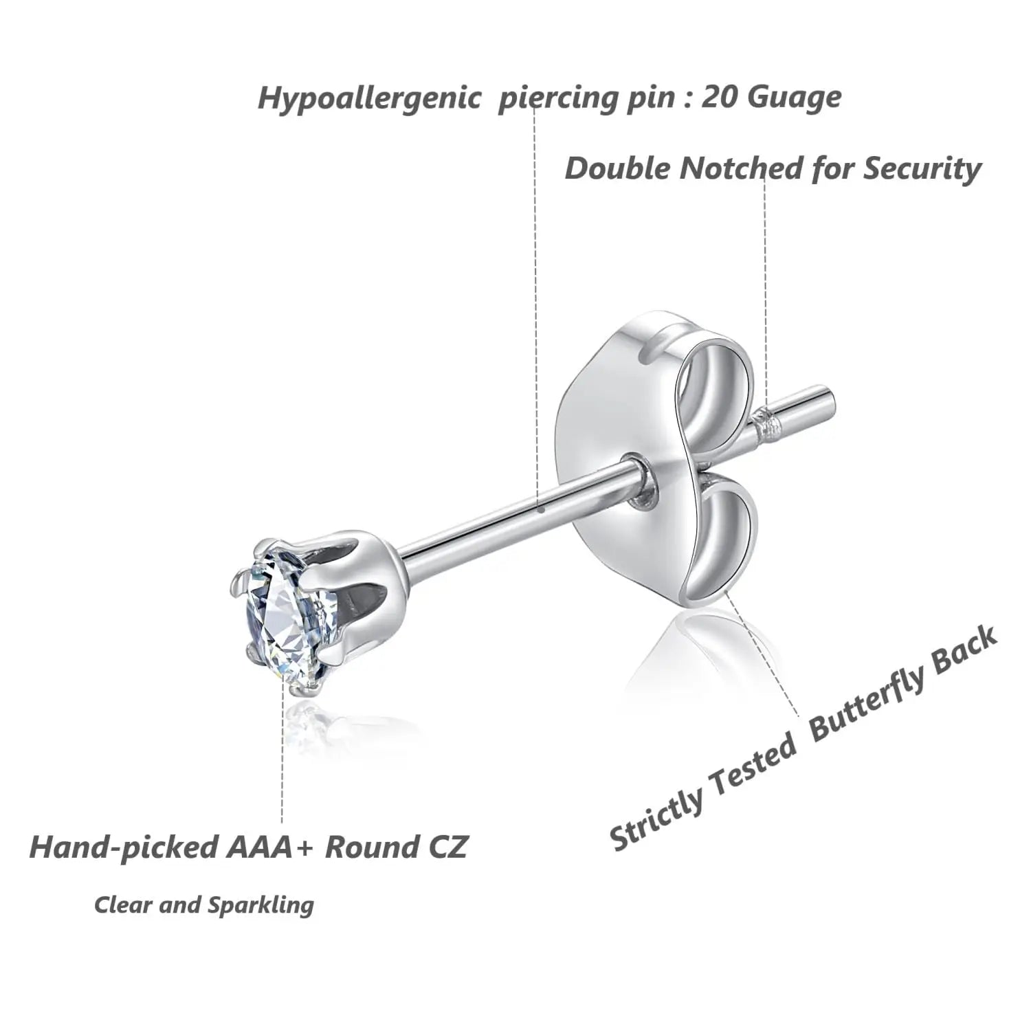 6-10 Pairs Surgical Stainless Steel Tiny Round Clear Cubic Zirconia Stud Earrings Set 2mm 3mm 4mm for Women Men