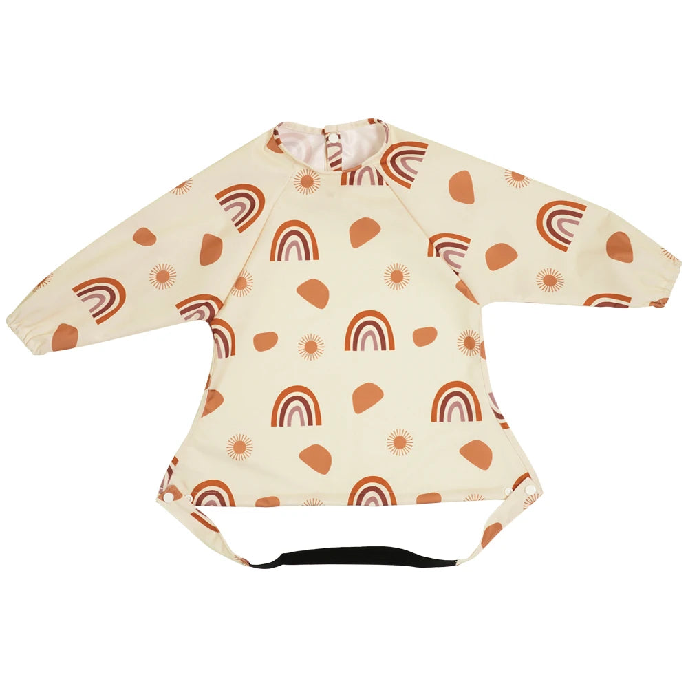 HappyFlute New One Piece Table Use Polyester Waterproof New Printed Snap Buttons Design Long Sleeve Mess Proof Baby Feeding Bibs