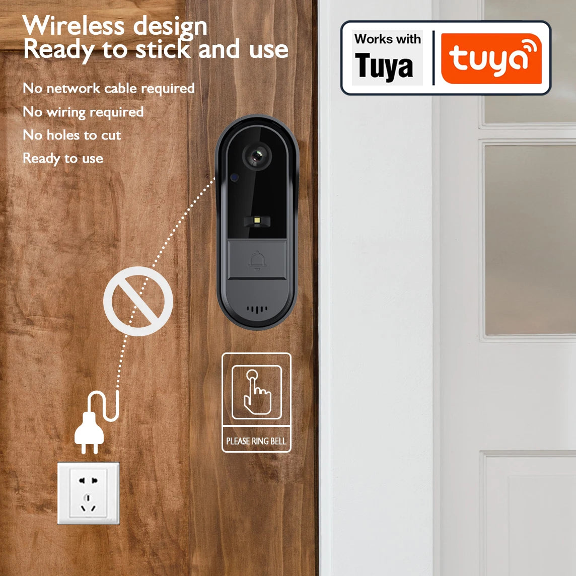 Tuya WiFi doorbell  2-way HD 1080P, microSD/cloud, waterproof, 1000mAh battery, long standby,Wireless Security Camera