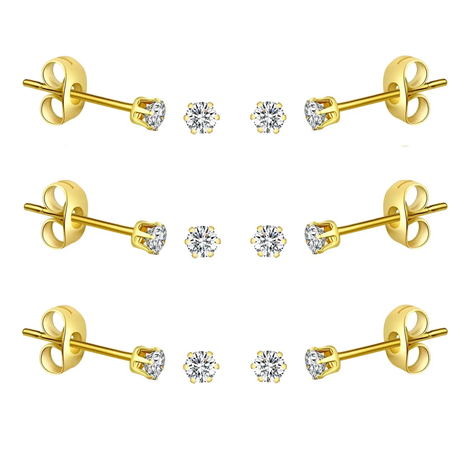 6-10 Pairs Surgical Stainless Steel Tiny Round Clear Cubic Zirconia Stud Earrings Set 2mm 3mm 4mm for Women Men