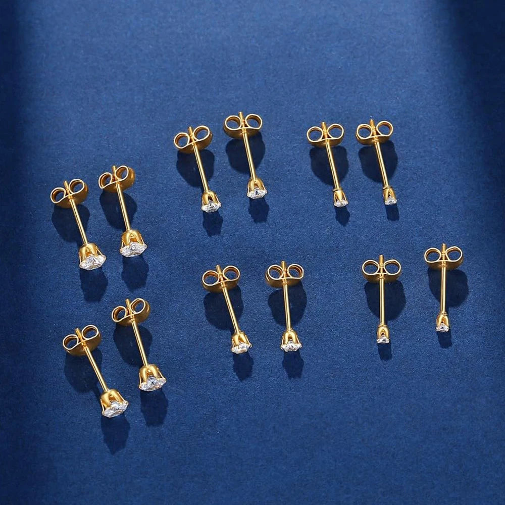 6-10 Pairs Surgical Stainless Steel Tiny Round Clear Cubic Zirconia Stud Earrings Set 2mm 3mm 4mm for Women Men