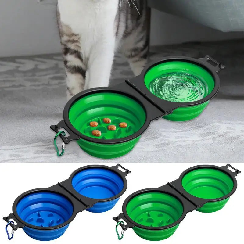 Foldable Double Dog Bowl Travel Water Food Bowl for Dogs Slow Pet Food Water Feeder with Lock Clips for Walking Hiking Camping