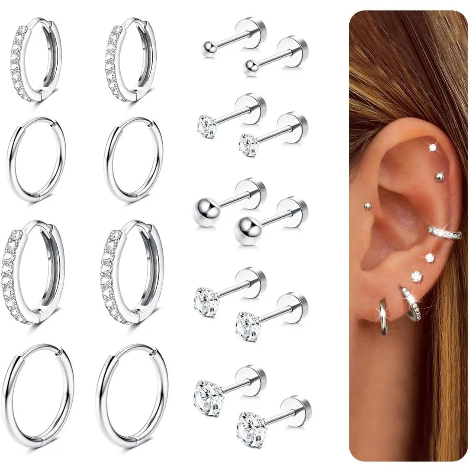 9 Pairs 14K Gold Plated Studs Hoop Earrings for Women Men Flat Back CZ Helix Cartilage Earrings for Multiple Piercing