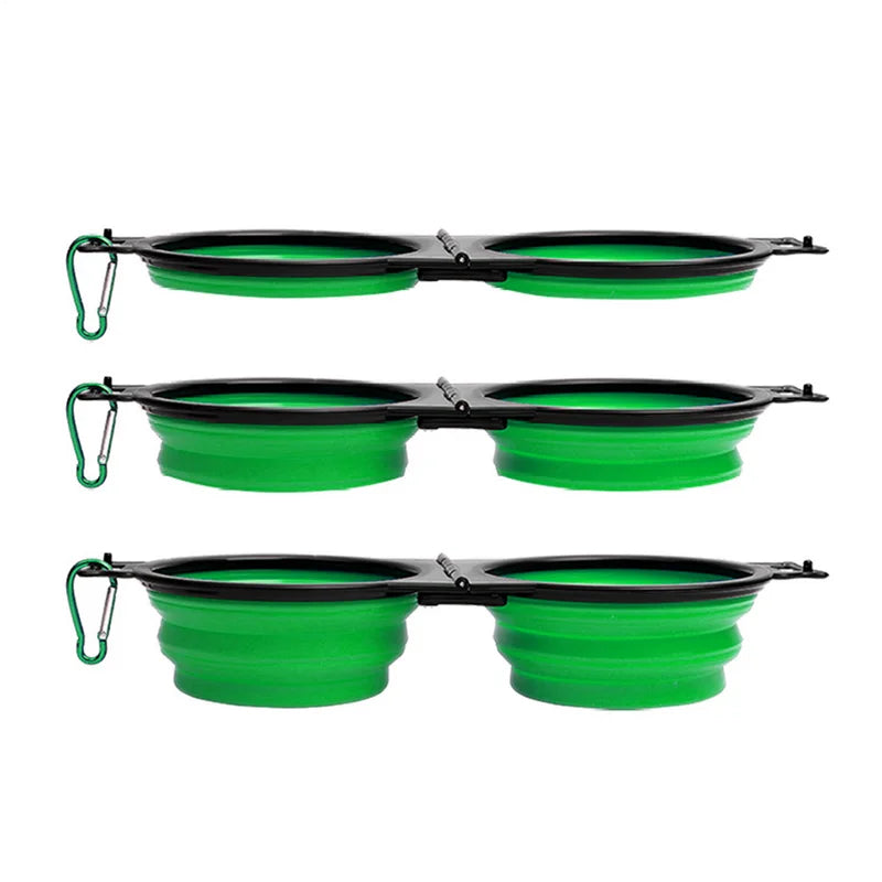 Foldable Double Dog Bowl Travel Water Food Bowl for Dogs Slow Pet Food Water Feeder with Lock Clips for Walking Hiking Camping